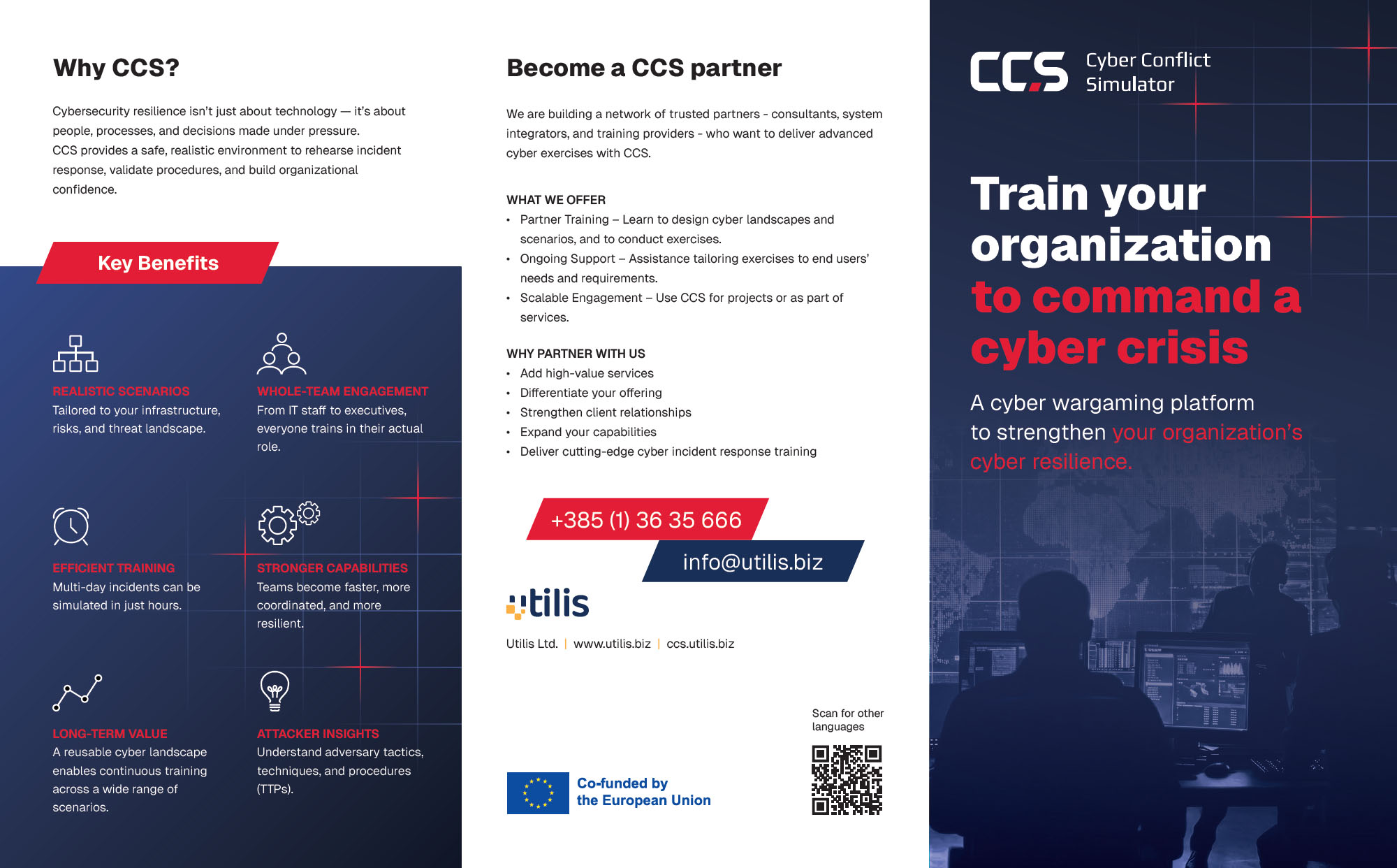 Pages of the CCS leaflet, with the cover headline: Train your organization to command a cyber crisis